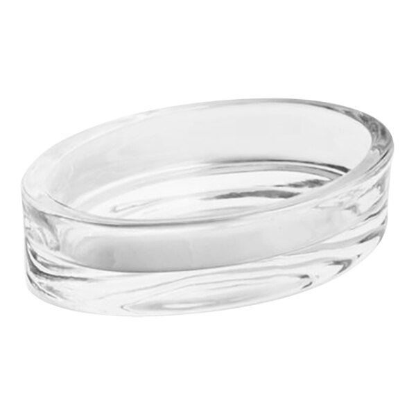 A clear glass oval soap dish with round bottom.