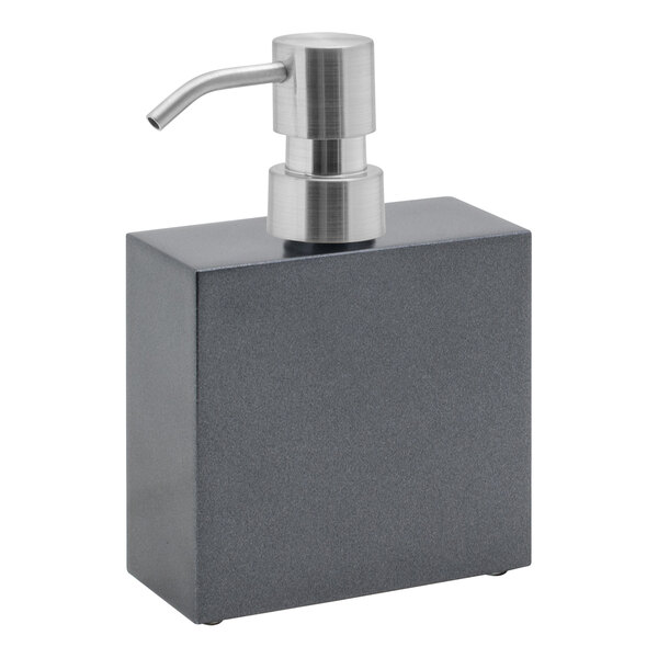 A Room360 New York black soap dispenser with a stainless steel pump top.