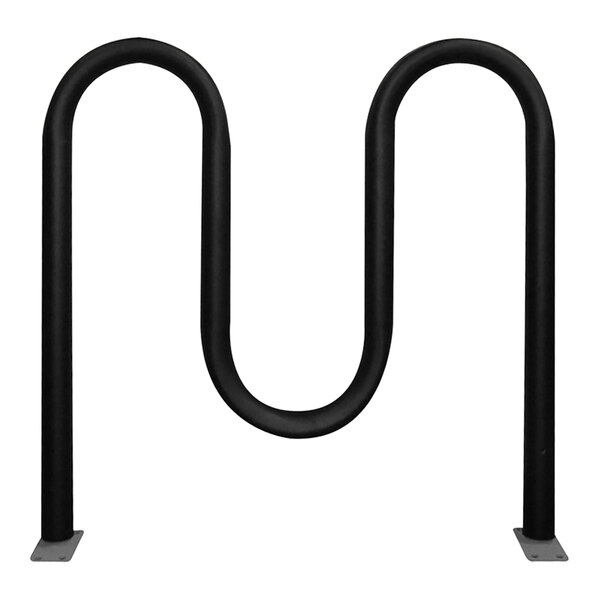 A black metal Paris Site Furnishings 3-loop surface mounted bike rack.