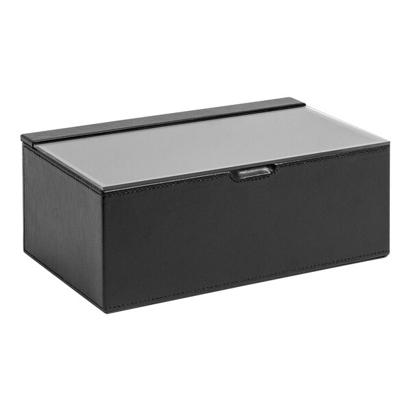 A black faux leather Room360 storage box with a clear lid.