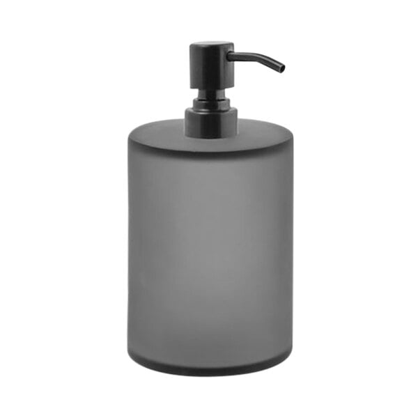 A grey Room360 soap dispenser with a black pump.