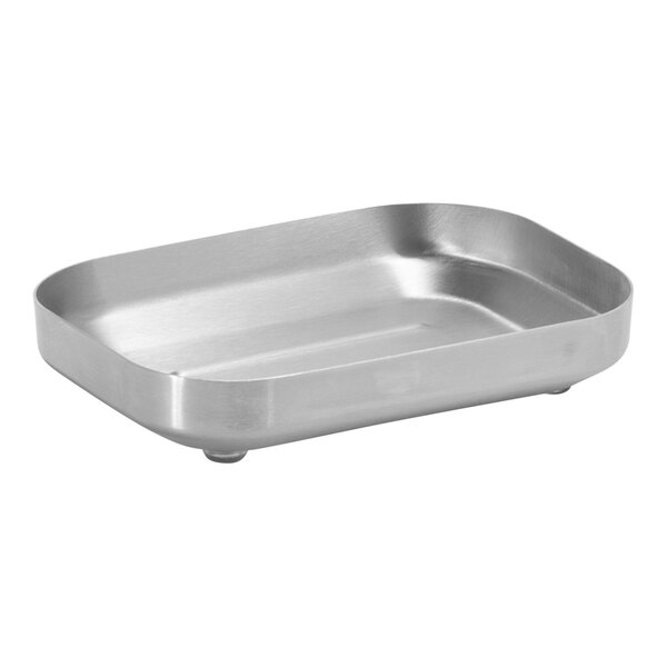 A silver stainless steel rectangular soap dish with a round bottom.