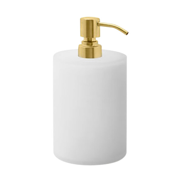 A white Room360 ice soap dispenser with a gold pump top.