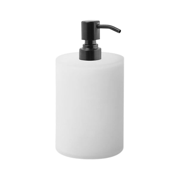 A white Room360 soap dispenser with a black pump top.