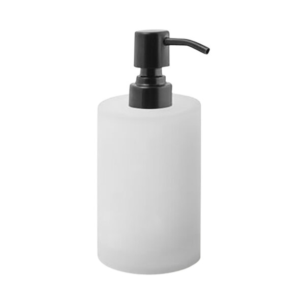 A white Room360 ice soap dispenser bottle with a black pump top.