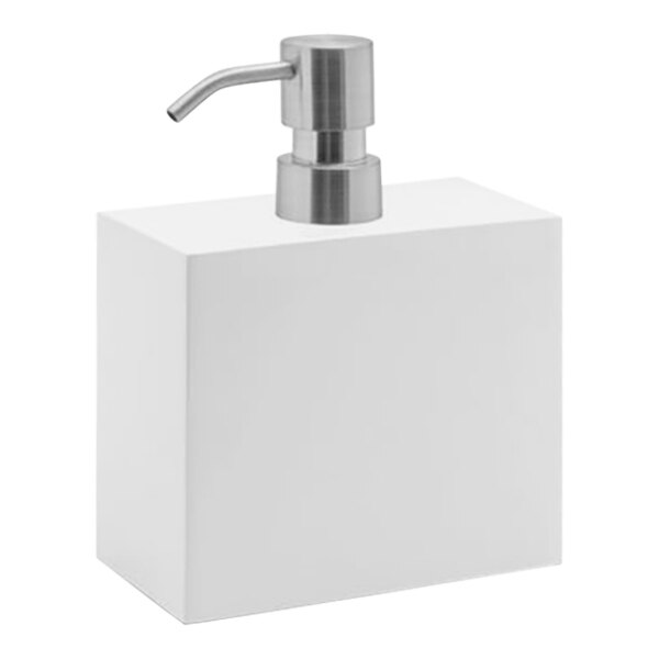 A white square Room360 New York soap dispenser with a mirrored stainless pump.