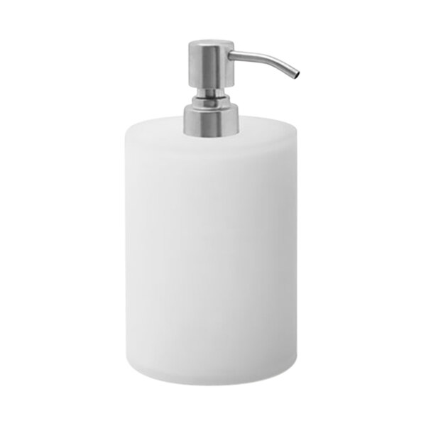 A white Room360 ice soap dispenser with a brushed stainless pump.