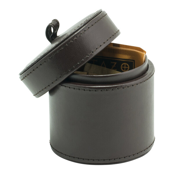A round brown faux leather storage jar with the lid open.