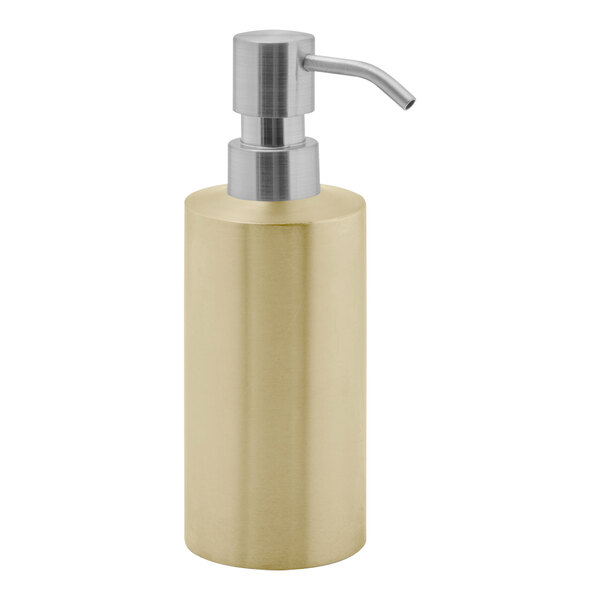 A gold stainless steel soap dispenser with a silver pump.
