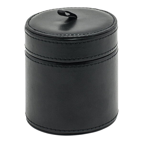 A Room360 London black faux leather round container with a lid.