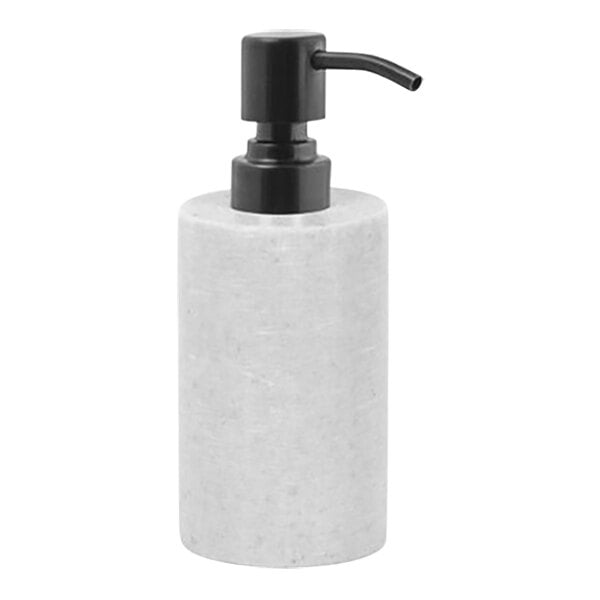 A white soap dispenser with a black pump top.