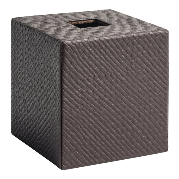A brown square Room360 Java tissue box cover on a table with a hole in it.