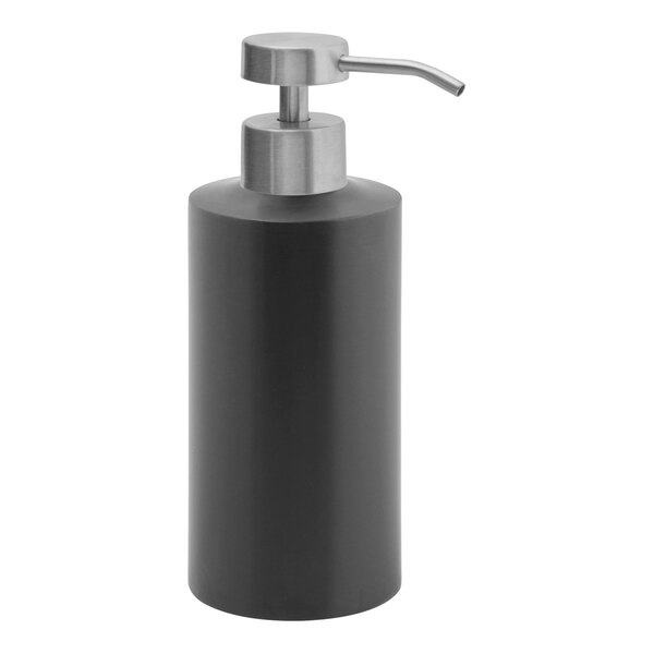 A matte black stainless steel soap dispenser with a brushed stainless top.