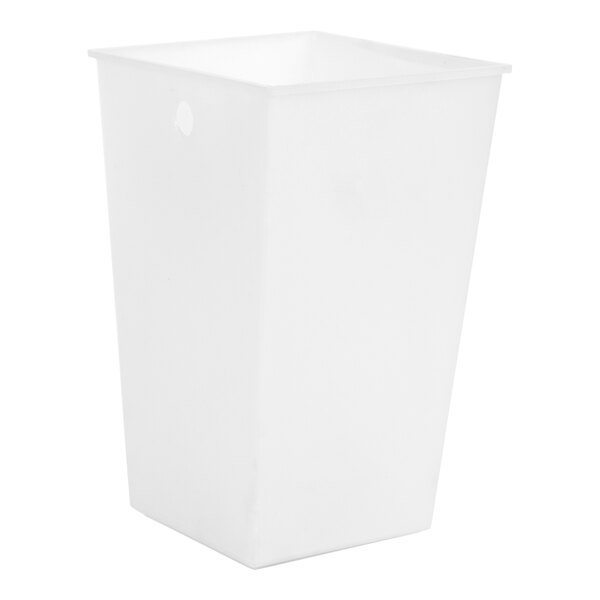 A white polypropylene container with a black recycling label on it.