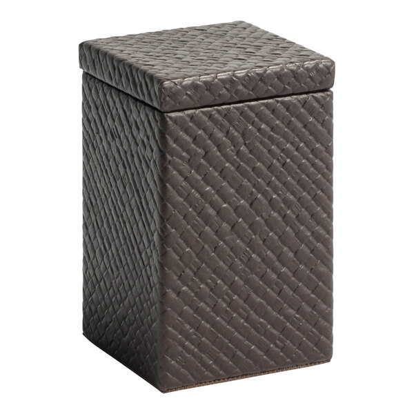 A brown Room360 faux pandan storage jar with a lid.