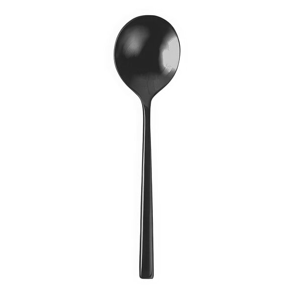 A black Fortessa Arezzo stainless steel bouillon spoon with a long handle.