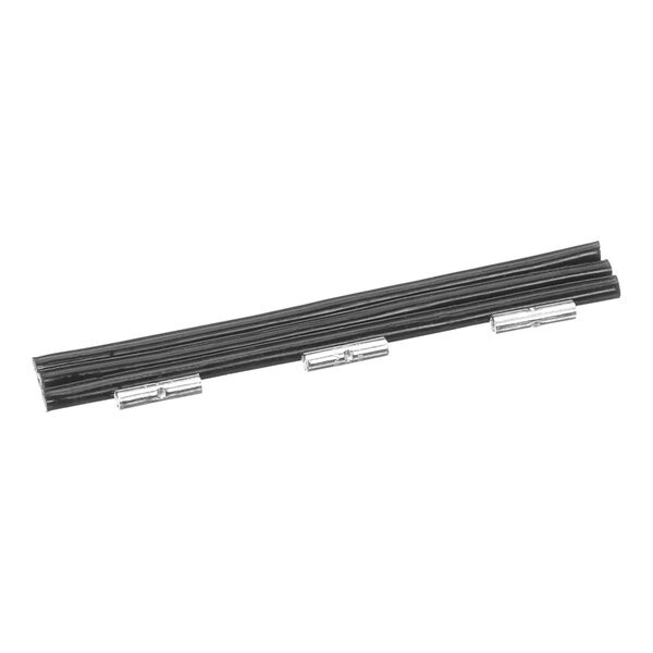 A set of black rubber strips with silver clips.