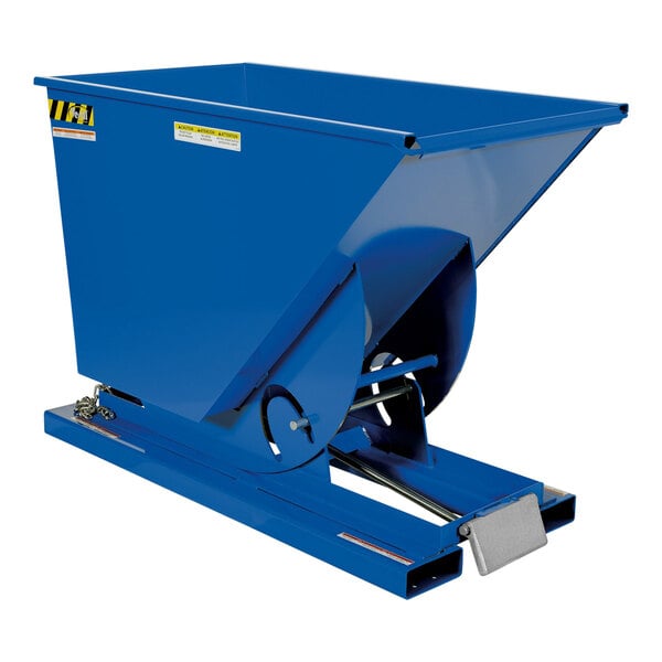 A blue metal Vestil self-dumping hopper.