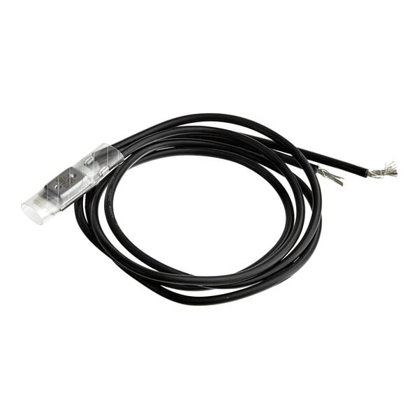 A close up of a black cable with a transparent plastic tube and metal lock.