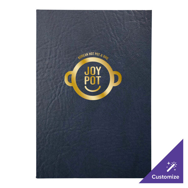 A navy blue H. Risch, Inc. menu cover with two clear views.