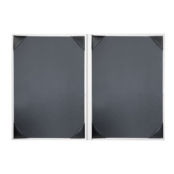 A white rectangular menu cover with black corners and border.
