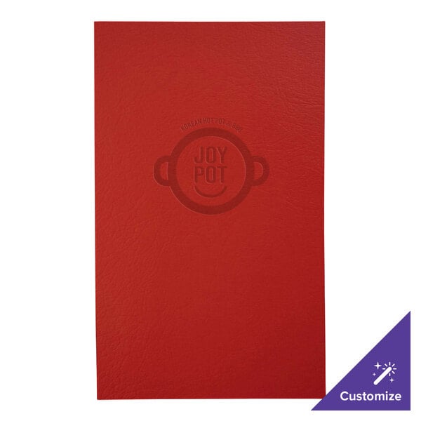 A red rectangular menu cover with a white logo.
