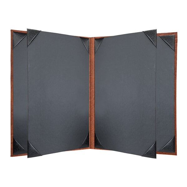 A black folder with a brown leather cover with 6 views.