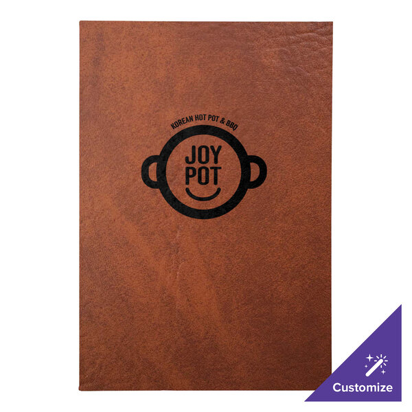 A brown leather H. Risch, Inc. menu cover with a customizable logo on it.