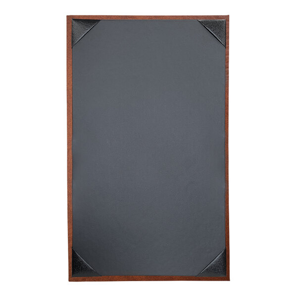 A black menu cover with a wooden border.