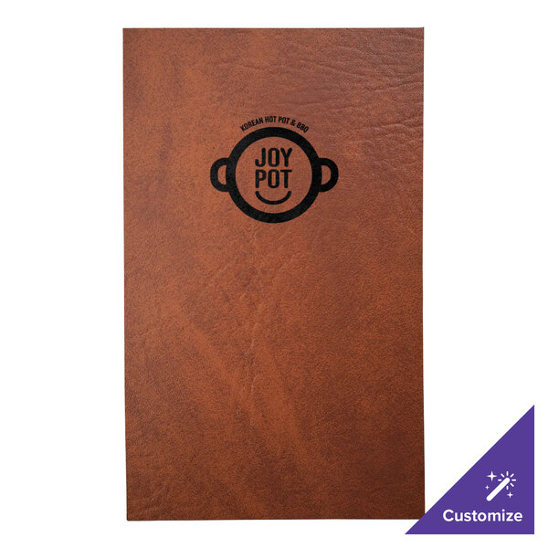 A brown leather H. Risch, Inc. menu cover with a customizable logo.