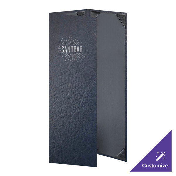 A navy blue leather menu cover with customizable inserts.
