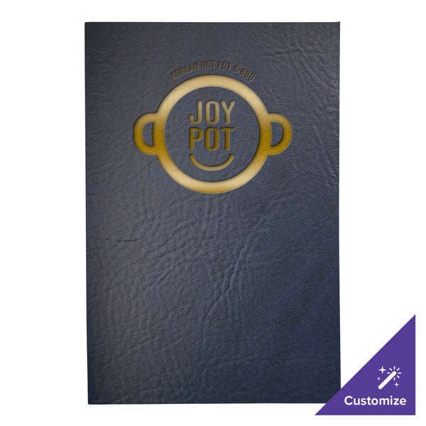 A navy blue H. Risch, Inc. menu cover with the word "Joy" on it.