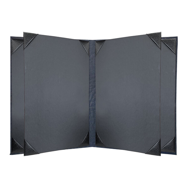 A navy menu cover with a black frame and corners.