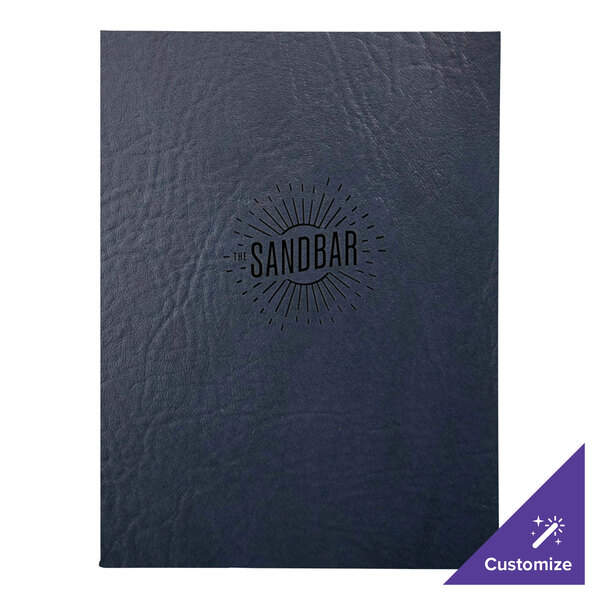 A navy blue leather menu cover with a logo on it.