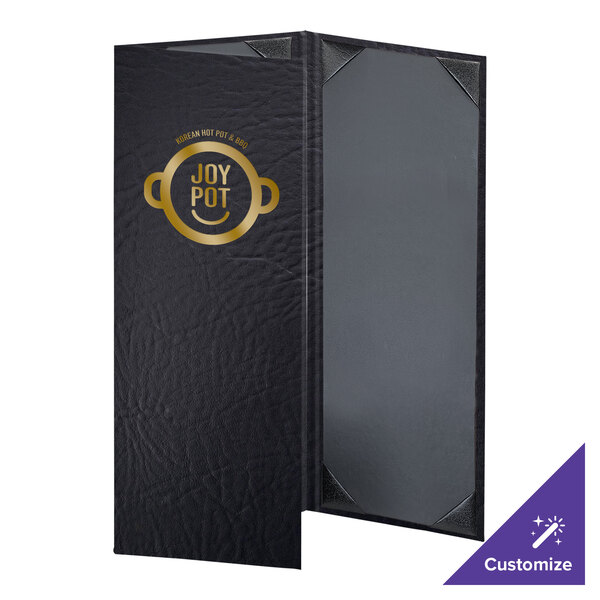 A black leather H. Risch, Inc. menu cover with gold logo.