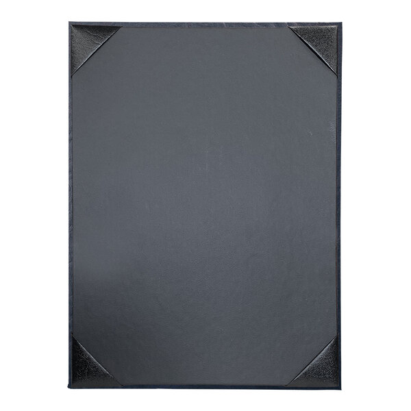 A navy rectangular menu cover with a black border.