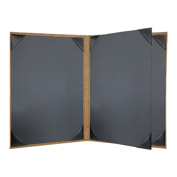 A black menu cover with brown corners and a black frame.