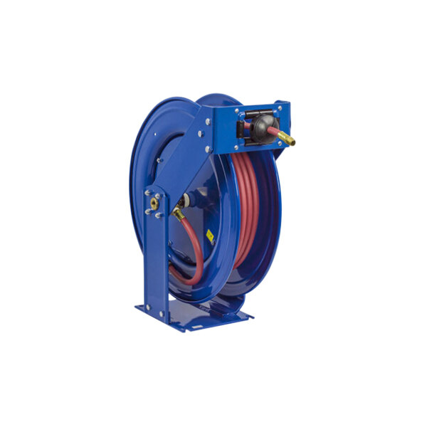 A blue Coxreels T Series hose reel with a red hose attached.