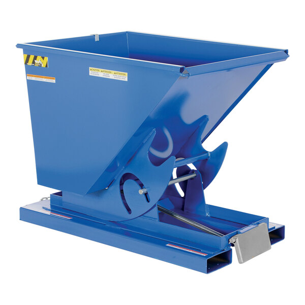 A blue metal Vestil self-dumping hopper.