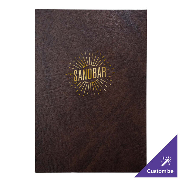 A brown leather H. Risch, Inc. menu cover with a logo on it.