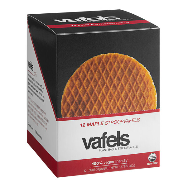 A box of Vafels vegan maple stroopwafels on a table.
