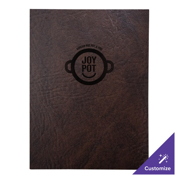 A brown leather customizable menu cover with a pot logo.