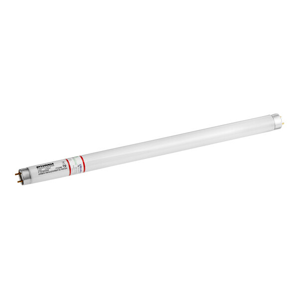 A white fluorescent tube with red and black text.