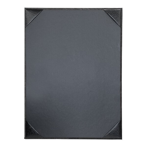 A black rectangular menu cover with a black corner frame.