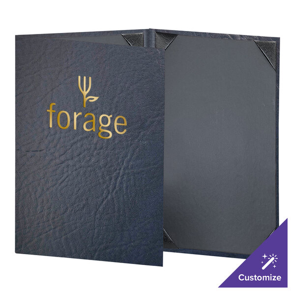 A navy blue rectangular menu cover with black edges and gold text.