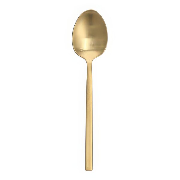 A Fortessa Arezzo brushed gold stainless steel spoon with a long handle.