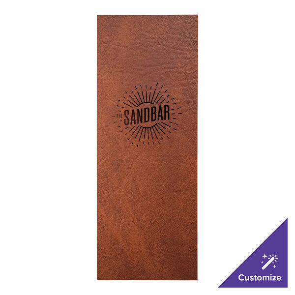 A brown leather rectangular menu cover with black text.