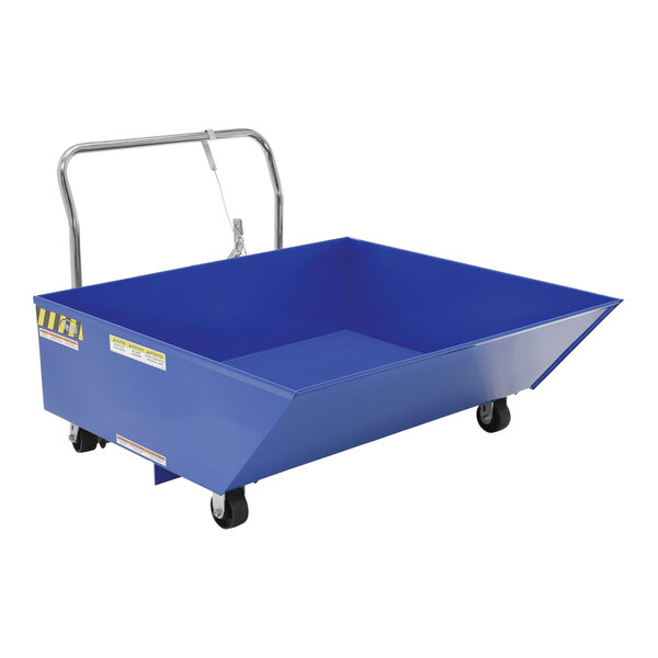 A blue steel Vestil low profile parts hopper with wheels.