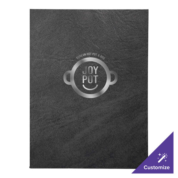 A black leather H. Risch, Inc. menu cover with a logo on the front.