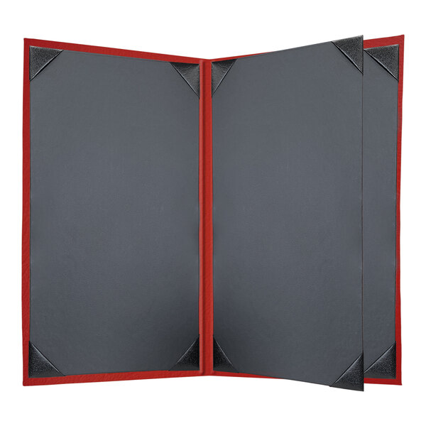 A grey rectangular menu cover with a red border and black corners.